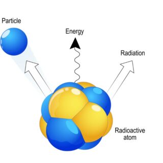 رسم توضيحي لنواة ذرة تصدر منها إشعاعات