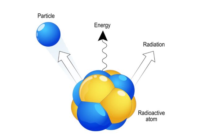 رسم توضيحي لنواة ذرة تصدر منها إشعاعات