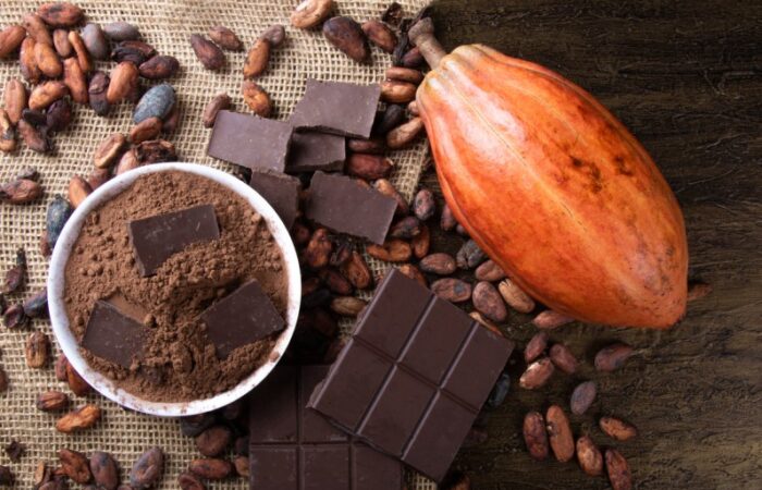 ألواح شوكولا وبودرة بنية اللون ضمن كوب وثمرة بيضاوية اللون