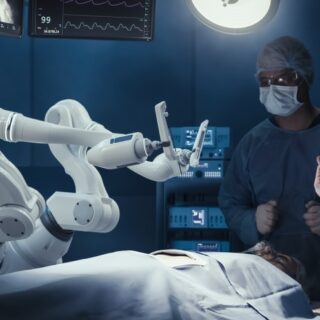 روبوت آلي ضمن غرفة مظلمة بجانب طبيبين وشخص مستلقي على السرير