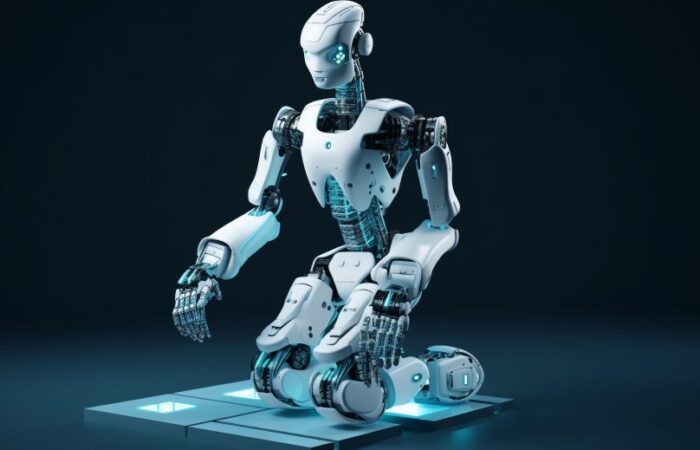 رجل آلي يجلس على الأرض