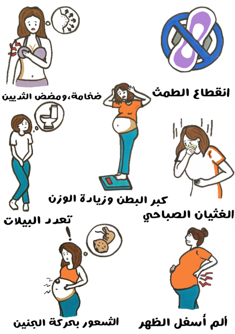 رسم توضيحي لامرأة تلبس ملابس داخلية وتقوم بوضع يدها على صدرها وامرأة أخرى تقوم بوضع يديها أسفل بطنها وبجانبها تظهر أيقونة المرحاض بالإضافة لأمرأة تقوم بالاستفراغ