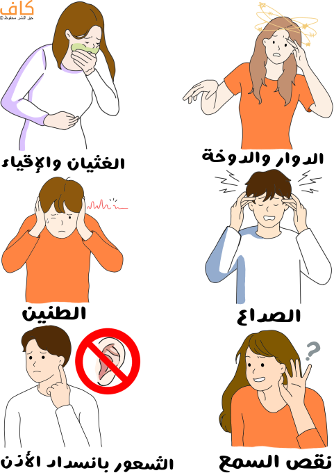 رسم توضيحي لامرأة تشعر بالدوار وتضع يد على رأسها، وامرأة أخرى تشعر بالإعياء وتضع يد على فمها واليد الأخرى على بطنها وشاب يقوم بسد أذنيه بيديه بالإضافة لشاب آخر يُشير بإصبعه إلى اذنه التي لايسمع بها جيدا