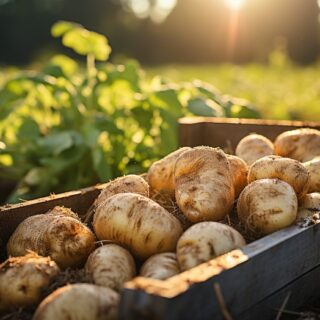 حبات من البطاطا ضمن صندوق خشبي