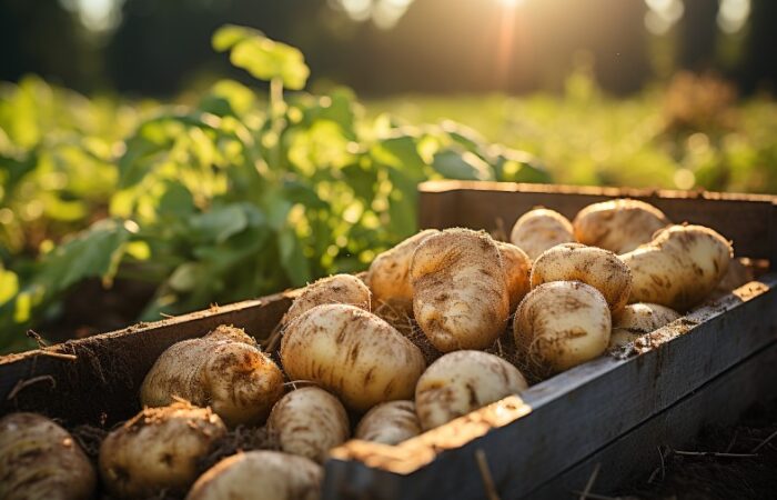 حبات من البطاطا ضمن صندوق خشبي
