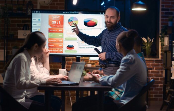 ثلاث نساء ورجل يجلسون على كراسي في المكتب ورجل يقف ويشير بيده لشاشة عليها بيانات