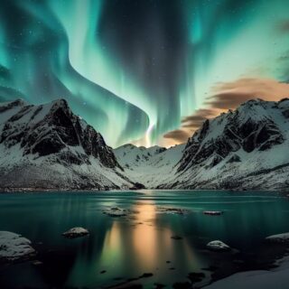 جبال مرتفعة مغطاة بالثلوج على ضفّة بحيرة وخلف الجبال يظهر ضوء أخضر وبرتقالي طويل ومتموج