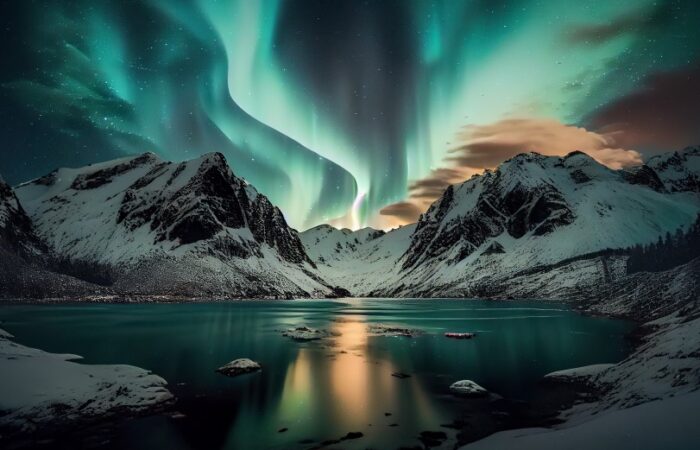 جبال مرتفعة مغطاة بالثلوج على ضفّة بحيرة وخلف الجبال يظهر ضوء أخضر وبرتقالي طويل ومتموج