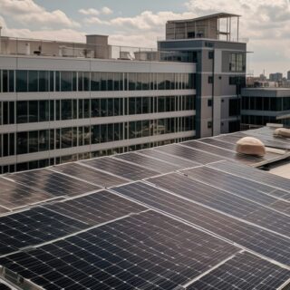 ألواح طاقة شمسية متواجدة على سطح بناء ضخم