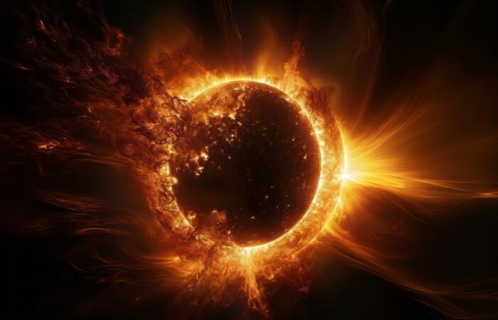 الشمس وحولها وهج أصفر اللون