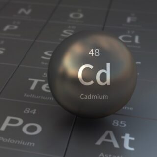 دائرة كروية الشكل لونها رمادي شمن جدول دوري مكتوب عليها بالإنكليزية Cd ورقم 48