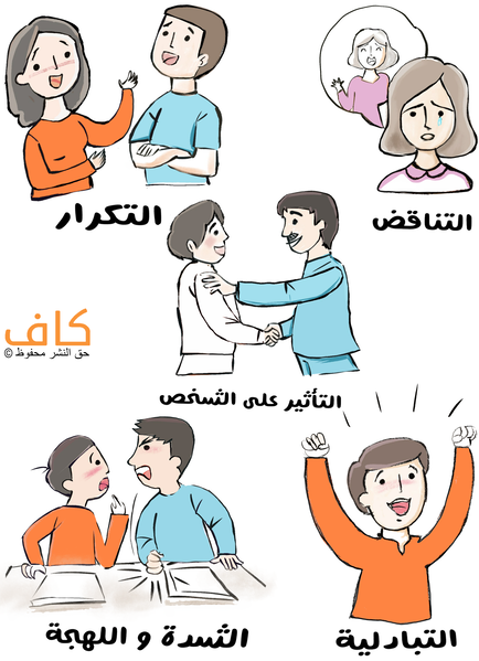 رسم توضيحي لامرأة تبكي ورجلان يصافحان بعضهما البعض و أب يقوم بالصراخ على ولد بجانبه وهما أمام طاولة الدراسة بالإضافة لشخص يرفع يديه للأعلى مبتهجاً