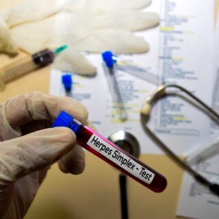 يد شخص ترتدي قفازات تمسك اختبار عينة دم مكتوب عليها بالإنكليزية Herpes Simplex - Test