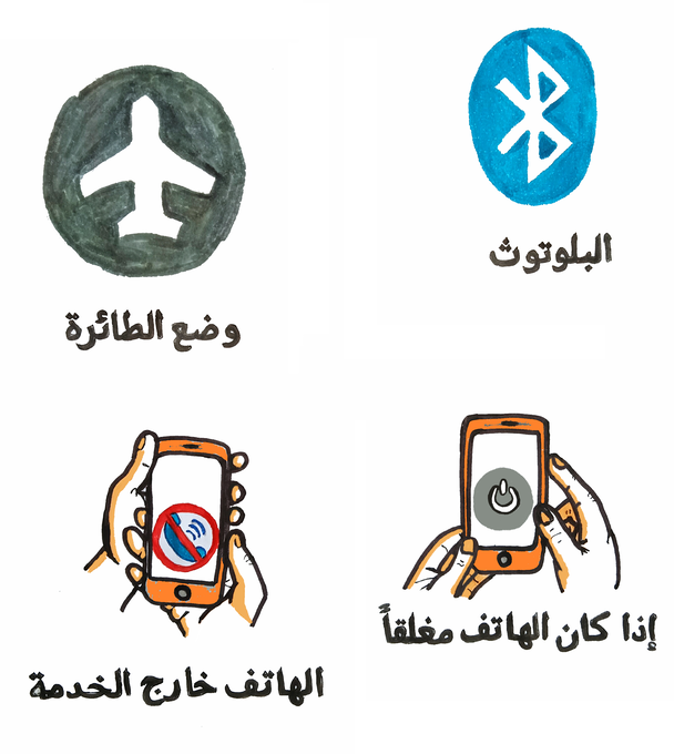 رسم توضيحي لأيقونة البلوتوث و وضع الطيران في الهاتف الخلوي بالإضافة لشخص يقوم بإغلاق هاتفه الخلوي