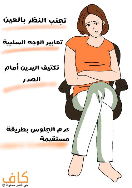 رسم توضيحي لامرأة تجلس على كرسي وهي مكتفة اليدين وتقوم بلف قدم فوق الأخرى وتظهر على وجهها علامات عدم السعادة