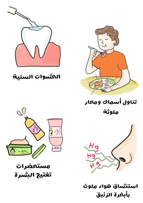 رسم توضيحي لشخص يتناول السمك وشخص يستنشق الهواء الملوث بالإضافة لمجموعة من مستحضرات التجميل