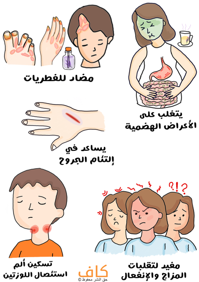 رسم توضيحي لمرأة لون وجهها أخضر وتقوم بوضع يديها على بطنها، وفتاة أخرى تظهر بشخصيات متعددة بسبب تقلب المزاج وصبي تظهر رقبته باللون الأحمر