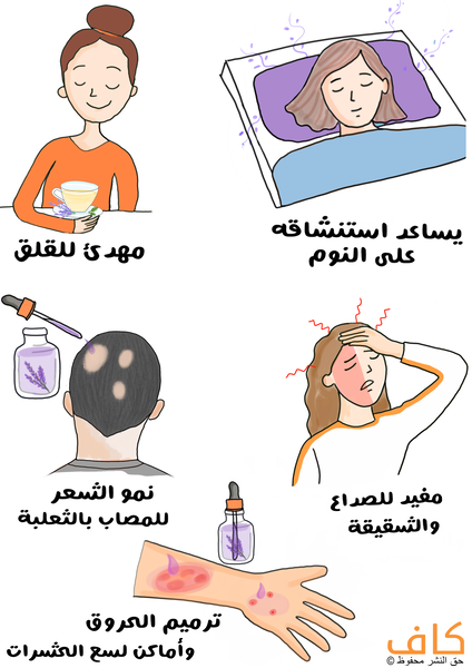 رسم توضيحي لفتاة تنام في السرير وأسفل رأسها وسادة لونها بنفسجي، وامرأة أخرى تقوم بشرب كأس فيه نبتة لونها بنفسجي، وامرأة تضع يدها على جبينها وشخص توجد فراغات في شعر رأسه