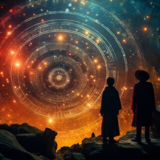 شخصان يقفان على صخور وينظران للسماء التي تحتوي على نقاط برتقالية مضيئة