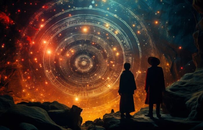 شخصان يقفان على صخور وينظران للسماء التي تحتوي على نقاط برتقالية مضيئة