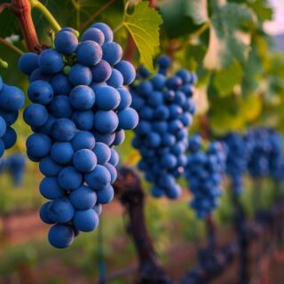 عناقيد من العنب الأسود متدلية من الشجر في حقل للعنب