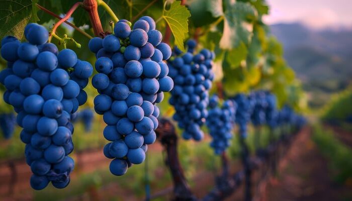 عناقيد من العنب الأسود متدلية من الشجر في حقل للعنب