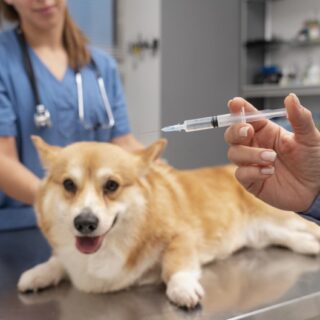 يد شخص تحمل حقنة وكلب صغير ممدد على الطاولة وامرأة ترتدي ثياب زرقاء اللون