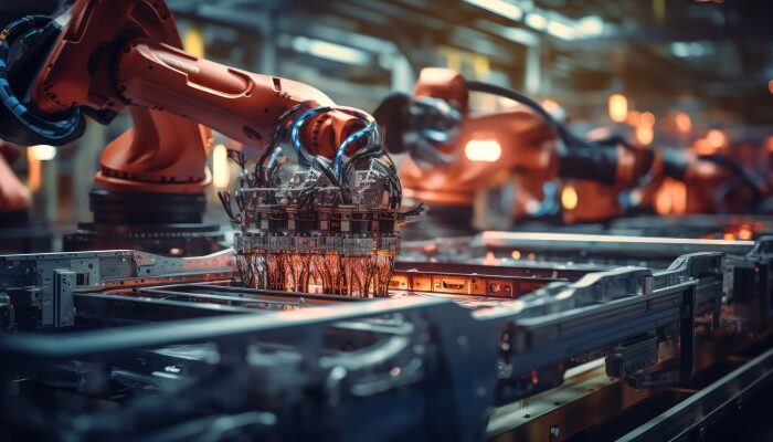 روبوت صناعي أحمر اللون يعمل ضمن خط الإنتاج في المعمل