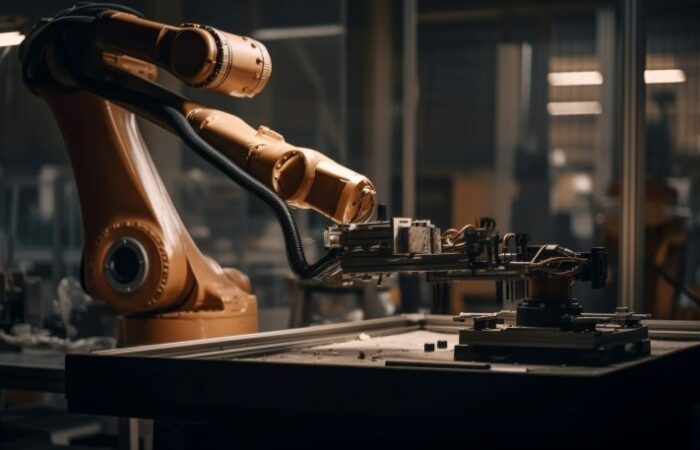 ذراع روبوت آلي يعمل في معمل