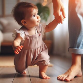 طفلة صغيرة تمشي على الأرض وتمسك بيد شخص ما