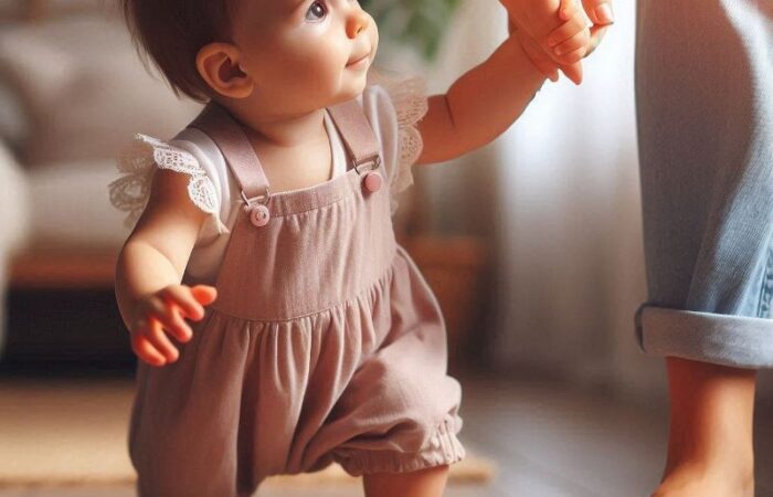 طفلة صغيرة تمشي على الأرض وتمسك بيد شخص ما