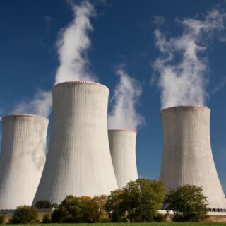 أربعة أعمدة ضخمة مخروطية الشكل لمفاعل نووي يتصاعد منها الدخان