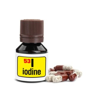 عبوة بلاستيكية صغيرة مكتوب عليها بالإنكليزية iodine ورقم 53 وبجانبها حبوب أدوية
