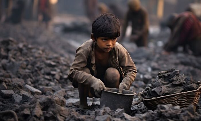 صبي يرتدي ثياب متسخة ويحمل بيده دلو يجمع به فحم