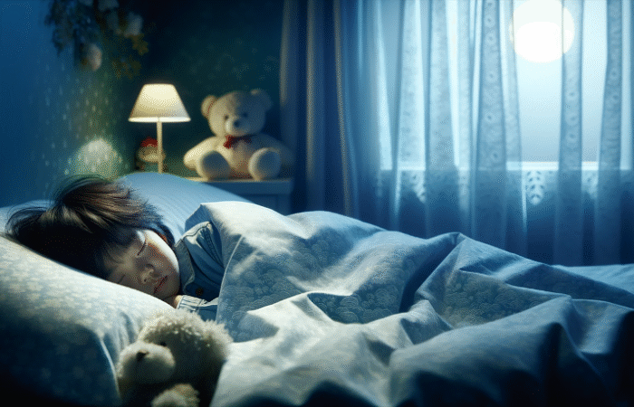 طفل نائم في السرير بمفرده وبجانبه دمية