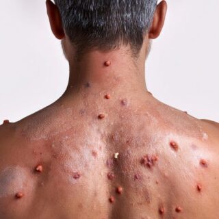 رجل بالغ يظهر على ظهره بثور متعددة لونها أحمر