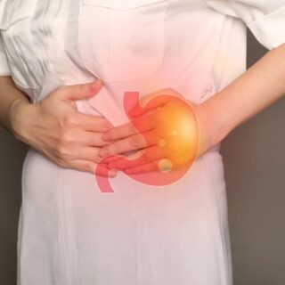 امرأة بالغة تضع يديها على بطنها حيث يظهر شكل توضيحي للمعدة