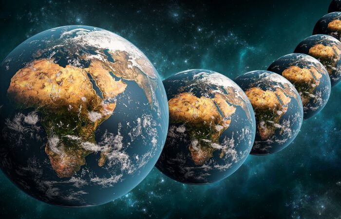 رسم توضيحي ثلاثي الأبعاد لمجموعة من كوكب الأرض المتوازية