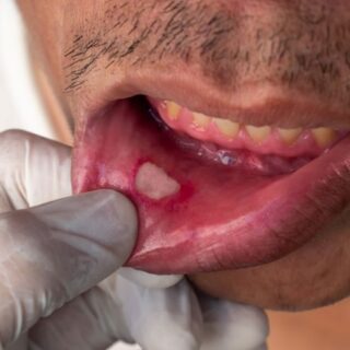 فم رجل بالغ مفتوح حيث يظهر داخل الشفة السفلى تقرح أبيض اللون