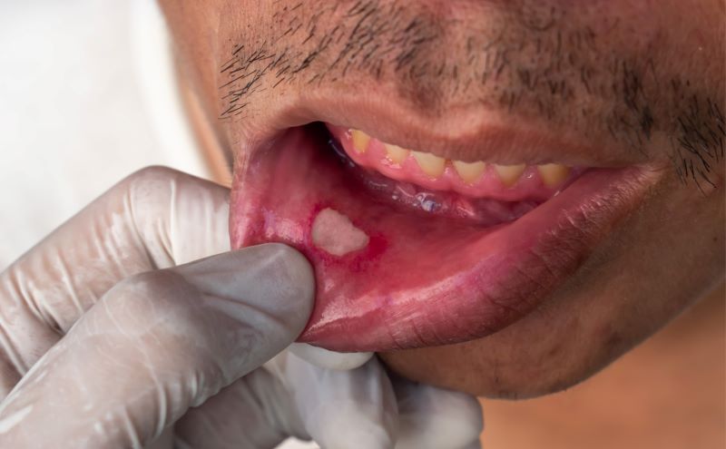 فم رجل بالغ مفتوح حيث يظهر داخل الشفة السفلى تقرح أبيض اللون