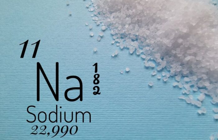 حبيبات صغيرة زهرية اللون وبمقابلها مكتوب بالإنكليزية Sodium والرمز Na