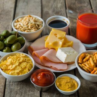 مجموعة من الأطعمة: كلحم اللانشون، وجبن الشيدر، الزيتون المخلل، وصلصة حارة حمراء اللون، الماسترد، الكاتشب، ورقائق البسكويت المملح