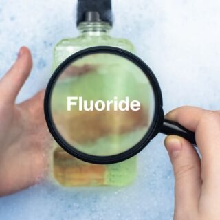 شخص يمسك بيديه علبة بلاستيكية مكتوب عليها بالإنكليزية Fluoride
