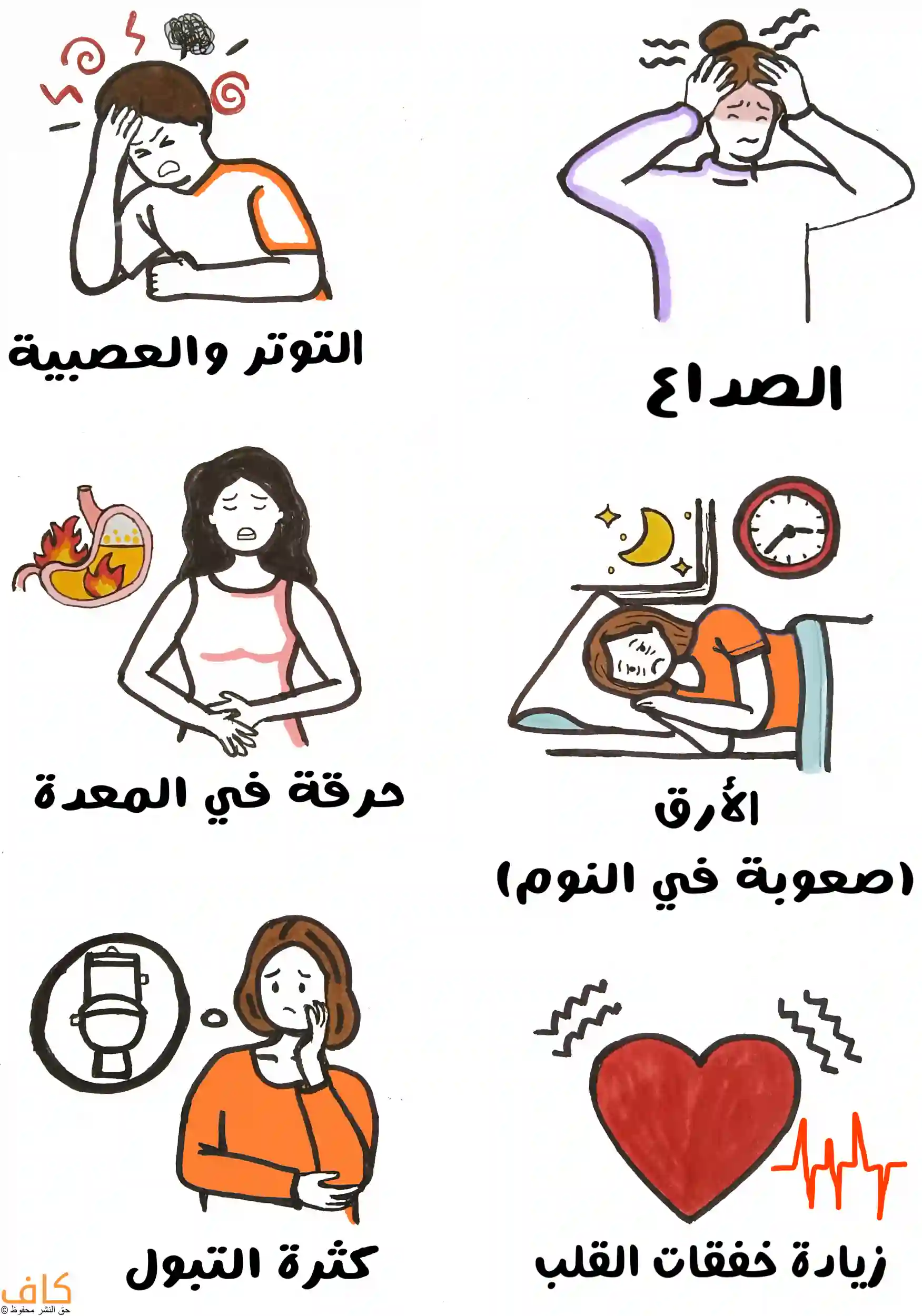 رسمة توضيحية ملوّنة تعرض أشخاصًا يعانون من الصداع، التوتر والعصبية، حرقة المعدة، الأرق وصعوبة النوم، كثرة التبول، وزيادة خفقات القلب، مع رموز داعمة مثل ساعة، قلب نابض، ومعدة مشتعلة، لتوضيح الآثار السلبية للإفراط في شرب القهوة.