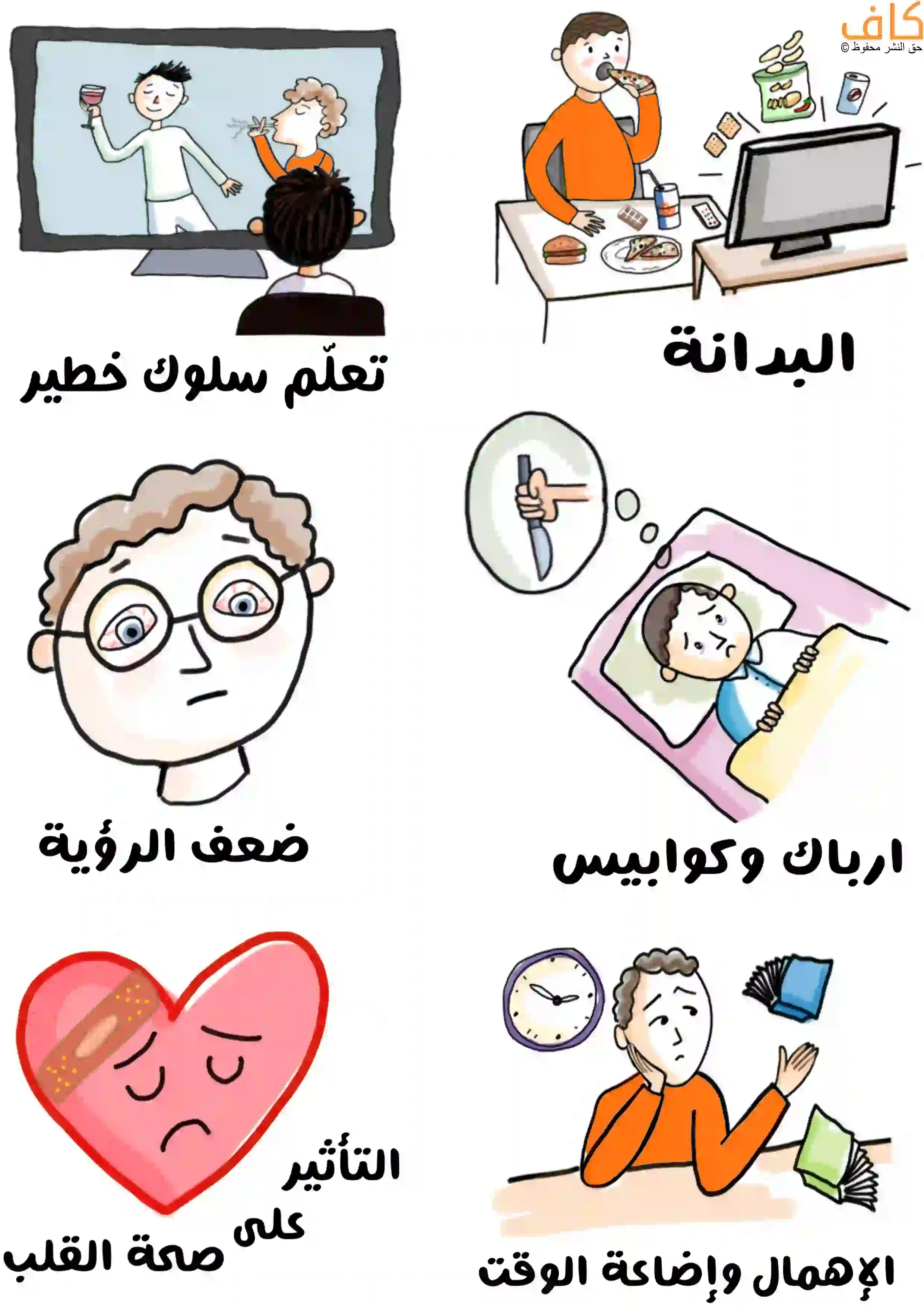 رسمة توضيحية لولد صغير يجلس أمام شاشة تلفاز، تحيط به أيقونات توضح الأضرار الصحية: ميزان وجسم ممتلئ يرمزان للبدانة، وجه طفل بنظارة بعينين متعبتين يرمز لضعف النظر، قلب متضرر يوضح مشاكل القلب، طفل مستلقٍ في السرير لا يستطيع النوم يرمز للأرق، ورمز لسيجارة أو مشهد عنيف يشير إلى السلوكيات الخطيرة التي قد يتعلمها من التلفاز.