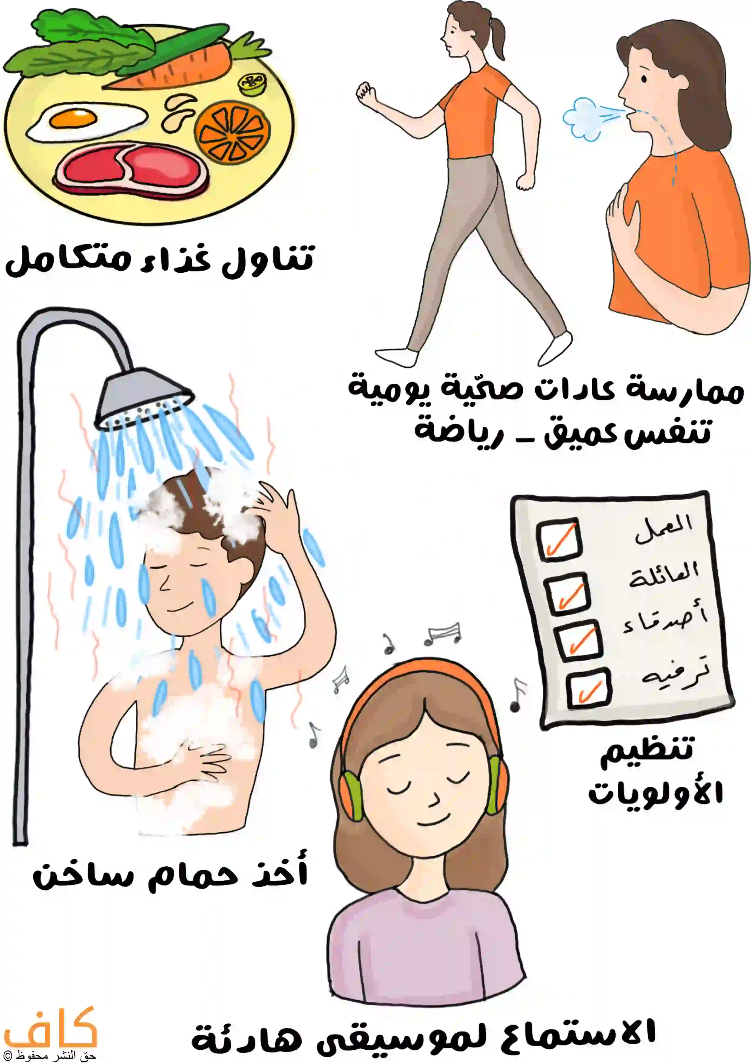 رسم توضيحي يبين طرق التخفيف من أعراض القولون العصبي عبر عادات صحية مثل الغذاء المتكامل، الرياضة، الاسترخاء، الموسيقى، وتنظيم الأولويات.