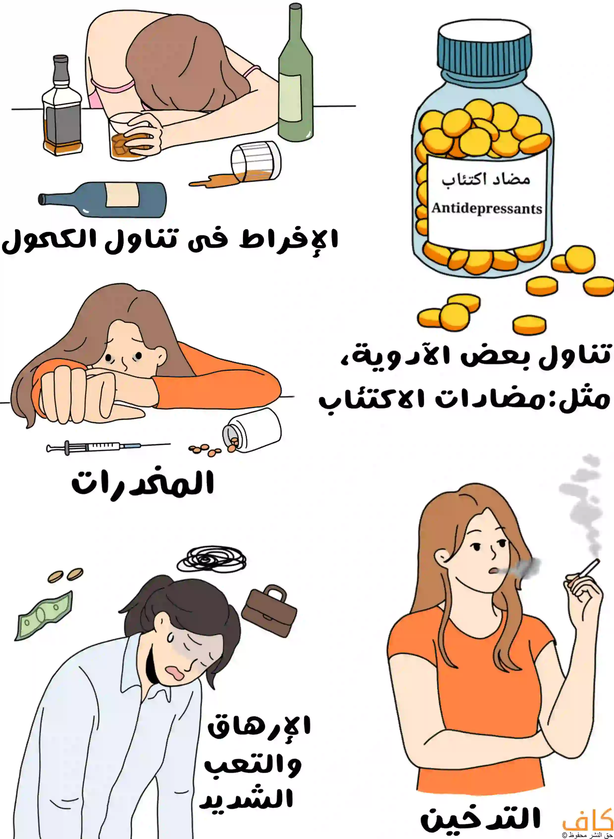 رسم توضيحي يبيّن أسباب انخفاض الرغبة الجنسية عند النساء مثل الإفراط في تناول الكحول، التدخين، المخدرات، التعب الشديد، إضافةً إلى تأثير بعض الأدوية مثل مضادات الاكتئاب.