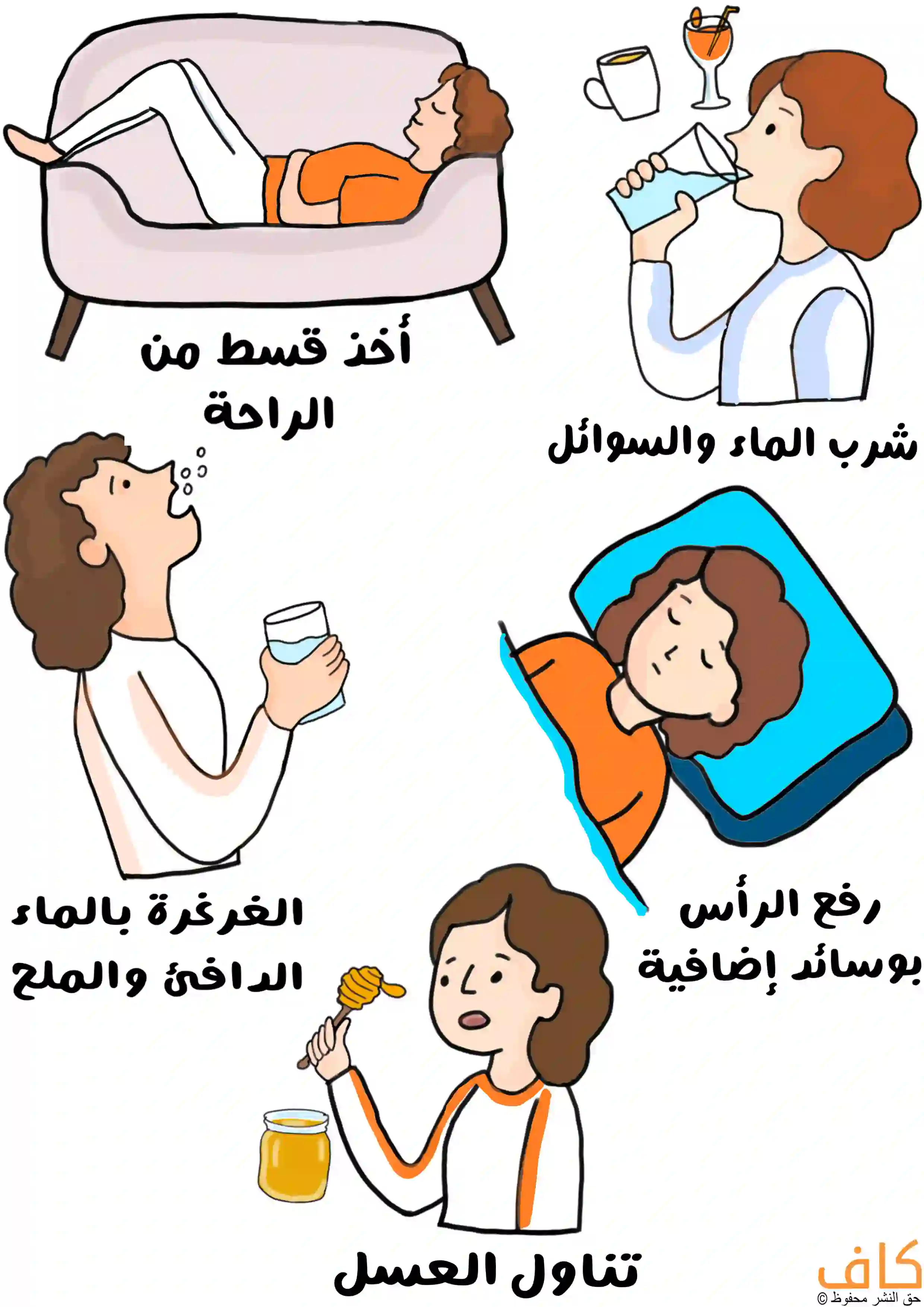 صورة توضيحية يظهر فيها فتاة تستلقي على أريكة للراحة، وامرأة تشرب كوب ماء بجانبها مشروبات، وامرأة تنام على وسادة مرتفعة، وفتاة تقوم بالغرغرة بالماء والملح، إضافةً إلى فتاة تحمل ملعقة خشبية وتتناول العسل.