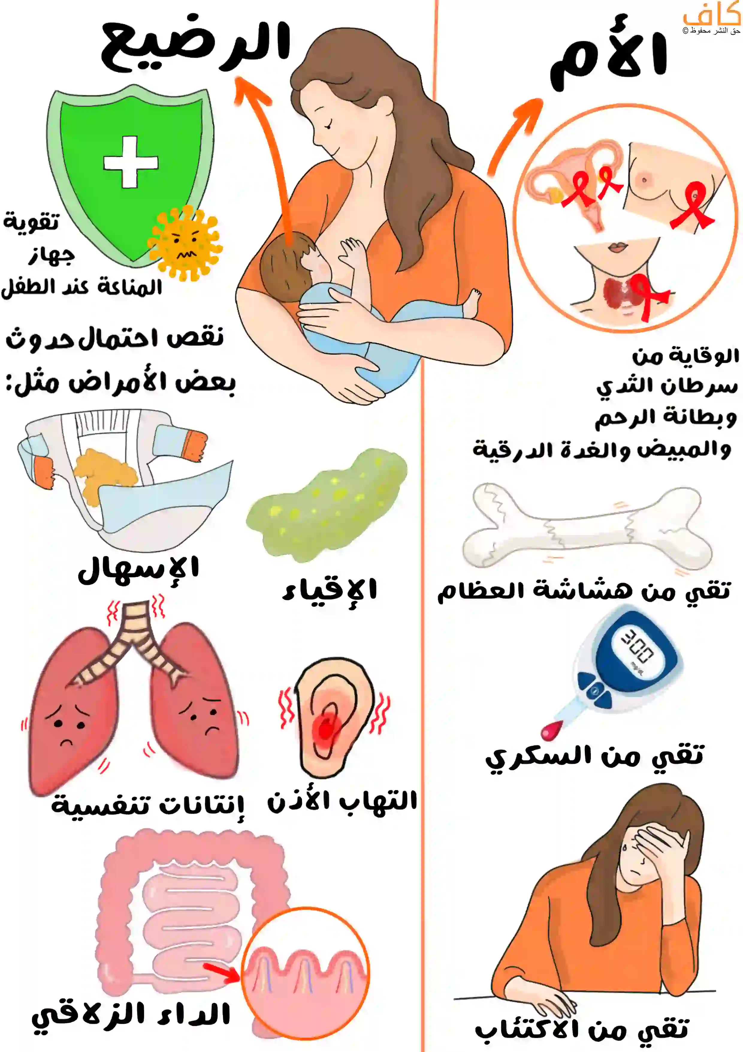 رسمة لأم تُرضع طفلها رضاعة طبيعية، مع رموز ورسوم توضيحية حيثُ يظهر على جهة الرضيع درع أخضر يرمز لتقوية المناعة ورسومات للإسهال والقيء والالتهابات التنفسية والتهابات الأذن والداء الزلاقي. وعلى جهة الأم رسومات توضح الوقاية من سرطان الثدي والرحم والمبيض والغدة الدرقية، وعظم يرمز لهشاشة العظام، جهاز قياس سكر الدم، وامرأة متعبة يرمز بها للاكتئاب.