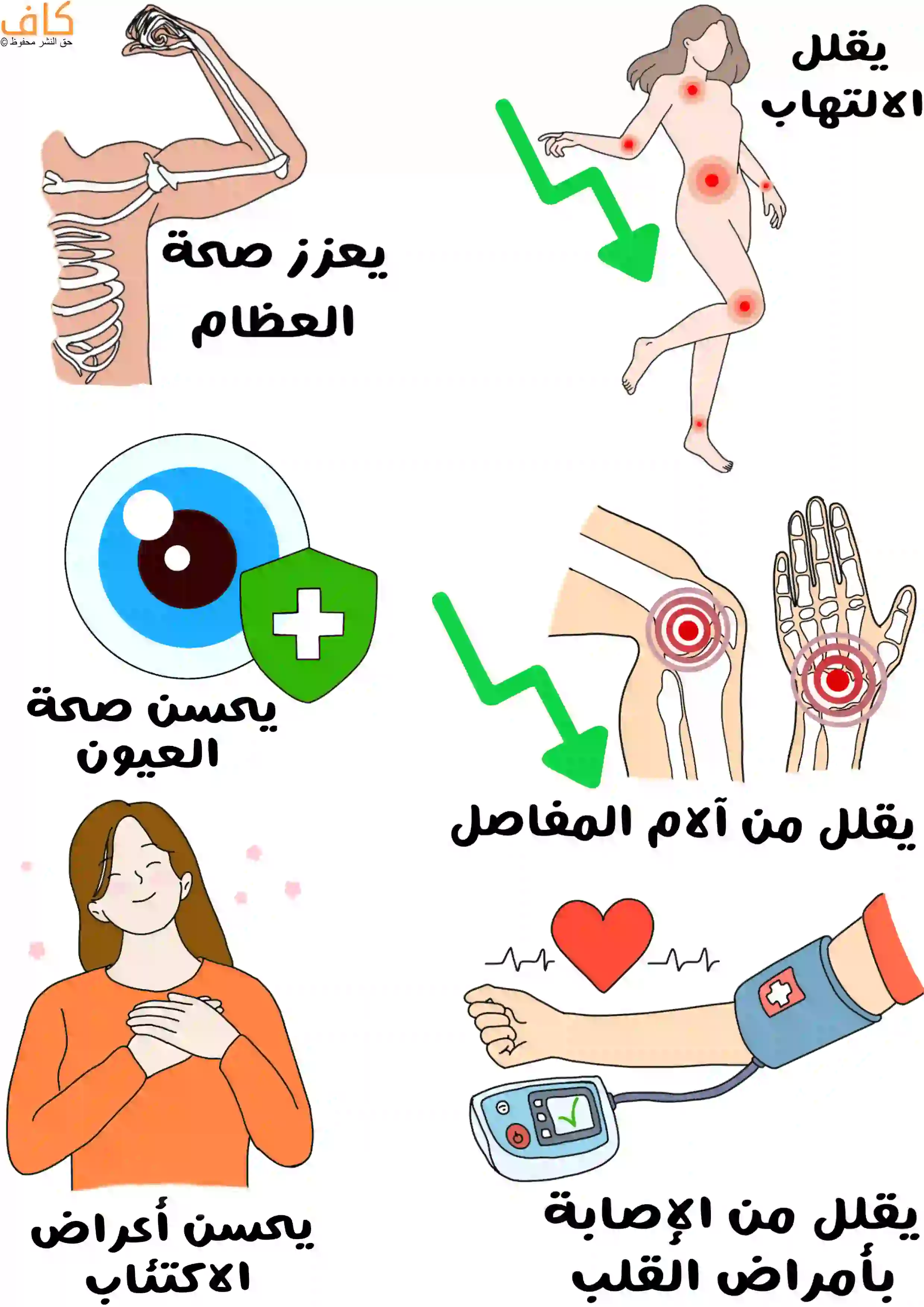 رسمة توضح فوائد زيت كبد الحوت حيث يظهر هيكل عظمي للدلالة على تعزيز صحة العظام، رسمة لامرأة بها نقاط حمراء دلالة لتقليل الالتهاب، رسمة عين مع درع لتمثيل حماية العيون، مفاصل اليد والركبة للتقليل من الألم، امرأة مبتسمة لتمثيل تحسين المزاج والاكتئاب، وذراع عليها جهاز قياس ضغط الدم مع قلب للدلالة على تقليل أمراض القلب.